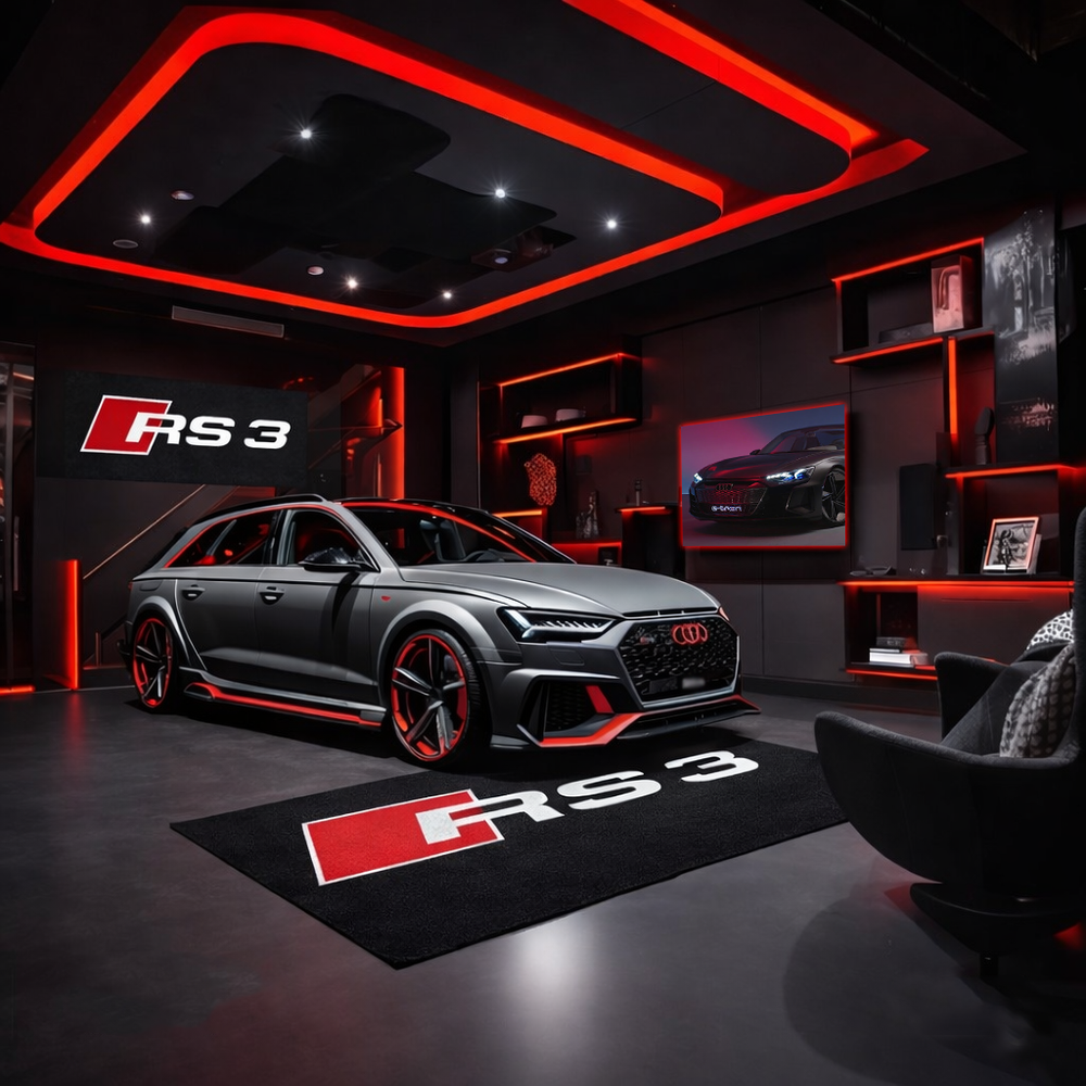 Audi RS3 Premium Luxury Logo Rug and Display Mat Garage, Home, Office, Showroom Floor Decor, 60x87 in / 150x220 cm